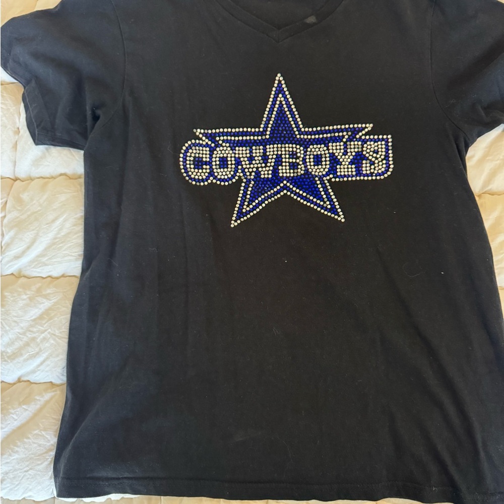 Magic Black V-Neck Tee with Blue and Silver Rhinestone Star 'COWBOYS'